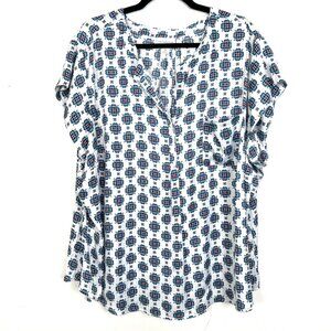 Liz Claiborne Blouse Blue White Print Henley Pocket Chiffon Top 3X